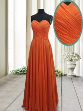 Luxury Orange Red Column/Sheath Chiffon Sweetheart Sleeveless Ruching Floor Length Lace Up Prom Party Dress