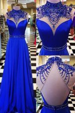 Beauteous Royal Blue Backless Prom Gown Beading Sleeveless Sweep Train
