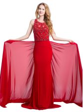 Custom Design Scoop Red Sleeveless Court Train Beading With Train Prom Evening Gown