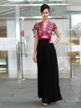  V-neck Short Sleeves Evening Dress Ankle Length Appliques and Ruching Red And Black Chiffon