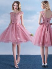 Comfortable Scoop Pink Cap Sleeves Knee Length Appliques and Belt Lace Up Damas Dress