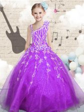 Affordable Purple Ball Gowns Beading and Appliques and Hand Made Flower Teens Party Dress Lace Up Organza Sleeveless Floor Length