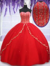 Fashion Red Ball Gowns Tulle Sweetheart Sleeveless Beading and Appliques Floor Length Lace Up Sweet 16 Dress