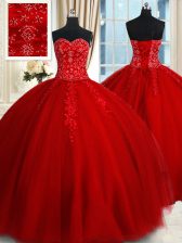 Modest Sleeveless Floor Length Beading and Appliques Lace Up Quinceanera Gowns with Red