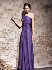  One Shoulder Purple Cap Sleeves Ruching Floor Length Prom Dress