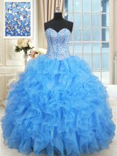  Baby Blue Lace Up Sweetheart Beading and Ruffles and Ruffled Layers Ball Gown Prom Dress Satin and Organza Sleeveless