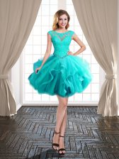 Excellent Scoop Cap Sleeves Tulle Mini Length Lace Up Homecoming Dress in Turquoise with Beading and Ruffles