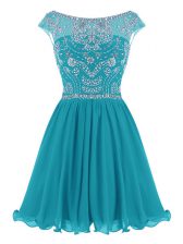 Vintage Teal Zipper Scoop Beading Dress for Prom Chiffon Cap Sleeves