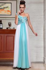 Fantastic Blue And White Side Zipper Straps Beading and Sequins and Hand Made Flower Dress for Prom Chiffon Sleeveless