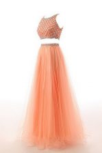 Customized Scoop Orange A-line Beading and Belt Prom Party Dress Side Zipper Organza Sleeveless