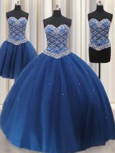 Simple Three Piece Blue Quince Ball Gowns Military Ball and Sweet 16 and Quinceanera with Beading and Sequins Sweetheart Sleeveless Lace Up