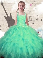  Turquoise Ball Gowns Halter Top Sleeveless Organza Floor Length Lace Up Beading and Ruffles Kids Pageant Dress
