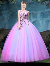 Traditional Tulle Sleeveless Floor Length Quinceanera Gown and Appliques