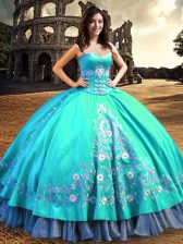 Glamorous Sweetheart Sleeveless Quinceanera Gowns Floor Length Embroidery Aqua Blue Taffeta
