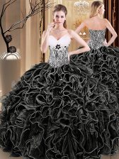 High Class Floor Length Lace Up Sweet 16 Dresses Black for Military Ball and Sweet 16 and Quinceanera with Ruffles and Pattern