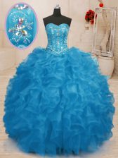 Shining Baby Blue Sleeveless Floor Length Beading and Ruffles Lace Up Ball Gown Prom Dress
