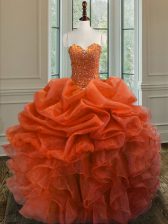  Floor Length Orange Red Ball Gown Prom Dress Organza Sleeveless Beading and Ruffles
