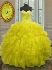 Cute Yellow Ball Gowns Sweetheart Sleeveless Organza Floor Length Lace Up Beading and Embroidery and Ruffles Quinceanera Dress