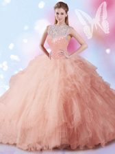  Sleeveless Floor Length Beading and Ruffles and Sequins Zipper Quinceanera Gowns with Peach