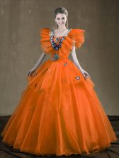  Sweetheart Sleeveless Sweet 16 Dress Floor Length Appliques and Ruffles Orange Red Organza