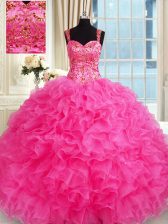 Fantastic Hot Pink Ball Gowns Embroidery and Ruffles Sweet 16 Quinceanera Dress Lace Up Organza Sleeveless Floor Length