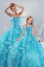 Romantic Sweetheart Sleeveless Quince Ball Gowns Floor Length Beading and Ruffled Layers Aqua Blue Organza