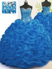 Colorful Organza Sweetheart Sleeveless Brush Train Lace Up Beading and Ruffles Quinceanera Gowns in Royal Blue
