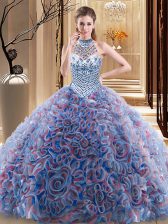 Wonderful Halter Top Multi-color Fabric With Rolling Flowers Lace Up Quince Ball Gowns Sleeveless With Brush Train Beading