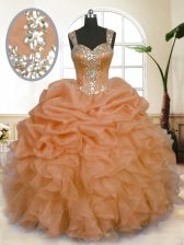 Pretty Sleeveless Organza Floor Length Zipper Sweet 16 Dresses in Orange with Beading and Ruffles and Pick Ups
