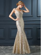 Exquisite Sequins Floor Length Mermaid Sleeveless Champagne Prom Dress Zipper