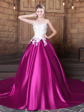 Pretty Scoop Sleeveless Court Train Lace Up Vestidos de Quinceanera Fuchsia Elastic Woven Satin