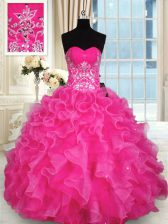 High Class Hot Pink Lace Up Ball Gown Prom Dress Beading and Appliques and Ruffles Sleeveless Floor Length