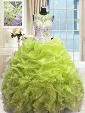  Yellow Green Ball Gowns Scoop Sleeveless Organza Floor Length Zipper Beading and Ruffles Quinceanera Dresses