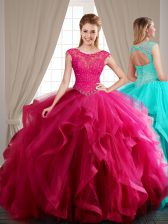 Attractive Brush Train Ball Gowns Sweet 16 Dresses Hot Pink Scoop Tulle Cap Sleeves With Train Lace Up