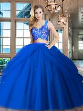  Royal Blue V-neck Neckline Lace and Ruffled Layers 15 Quinceanera Dress Sleeveless Zipper