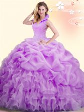 Modest Lilac High-neck Neckline Beading and Appliques and Pick Ups Quinceanera Dress Sleeveless Backless