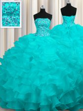 Elegant Sweep Train Aqua Blue Strapless Neckline Beading and Ruffles Quinceanera Gowns Sleeveless Lace Up