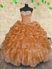 Custom Design Orange Sleeveless Floor Length Beading and Appliques and Ruffles and Sequins Lace Up Quinceanera Dresses