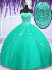  Turquoise Ball Gowns Tulle Sweetheart Sleeveless Beading and Sequins Floor Length Lace Up Quinceanera Gown