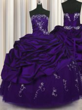 Trendy Pick Ups Embroidery Purple Sleeveless Taffeta Lace Up Quince Ball Gowns for Military Ball and Sweet 16 and Quinceanera