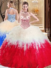 Nice Halter Top Floor Length Ball Gowns Sleeveless White And Red Sweet 16 Quinceanera Dress Lace Up