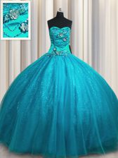 Customized Sweetheart Sleeveless Lace Up Quinceanera Dress Teal Tulle and Sequined