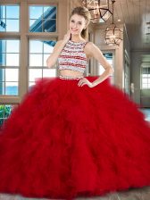 Perfect Scoop Sleeveless Tulle With Brush Train Backless Ball Gown Prom Dress in Red with Beading and Ruffles