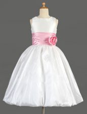  Taffeta Scoop Sleeveless Zipper Bowknot and Hand Made Flower Flower Girl Dresses for Less in White