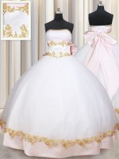 Delicate White Ball Gowns Strapless Sleeveless Satin Floor Length Lace Up Beading and Appliques and Bowknot Quinceanera Dress