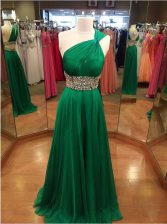  One Shoulder With Train A-line Sleeveless Green Homecoming Dress Brush Train Backless