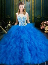 Dynamic Blue Ball Gowns Scoop Sleeveless Tulle Floor Length Zipper Lace and Ruffles 15 Quinceanera Dress