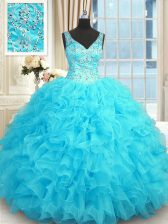  Ball Gowns Quinceanera Dresses Baby Blue V-neck Organza Sleeveless Floor Length Zipper