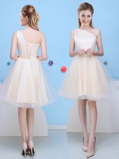 New Style Knee Length Champagne Court Dresses for Sweet 16 One Shoulder Sleeveless Lace Up