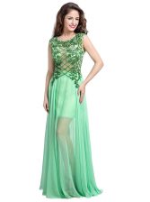  Scoop Sleeveless Evening Dress Floor Length Beading and Appliques Apple Green Tulle